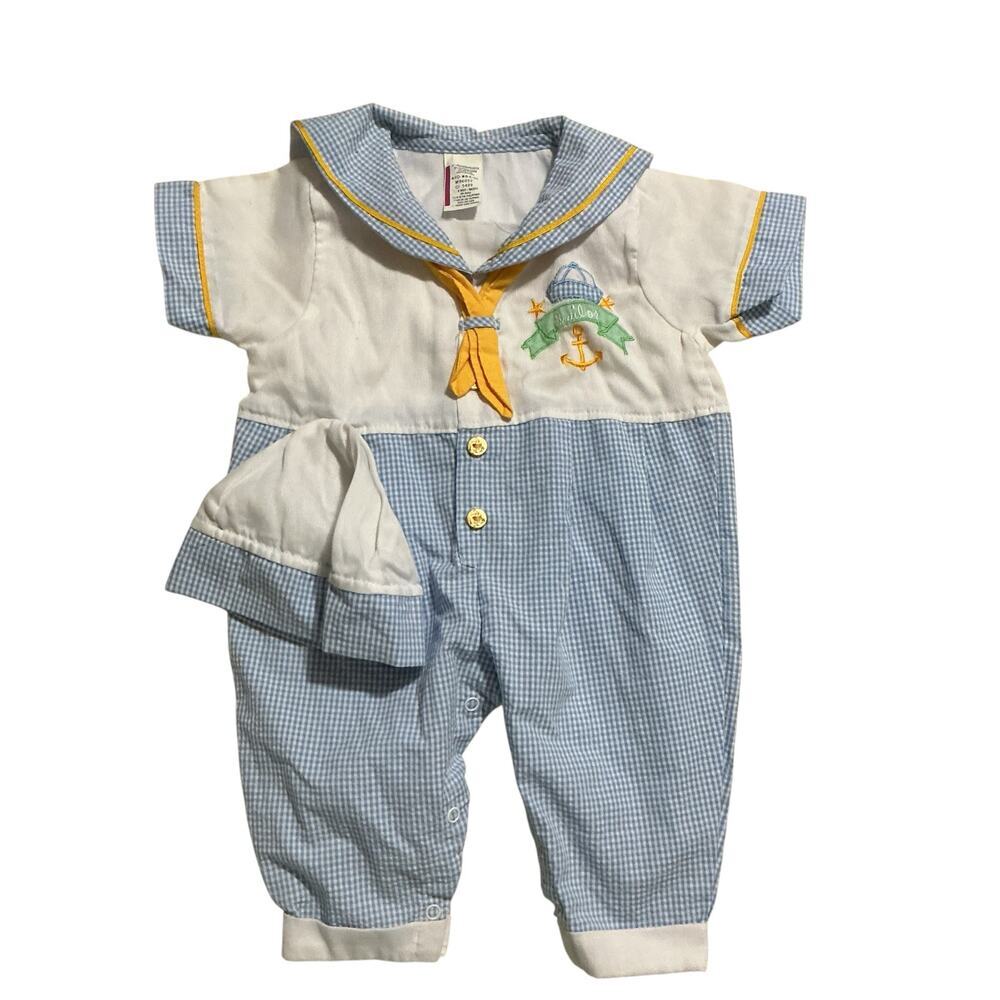 Baby Boy Sailor Romper Outfit with Hat 3-6 Months Blue White Nautical Costume